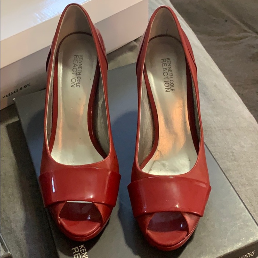 Kenneth Cole peep toe red leather heels.